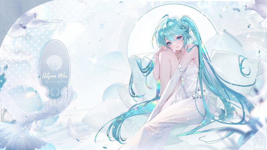 初音未来蓝发白裙天使姿态蓝白梦幻动漫电脑壁纸