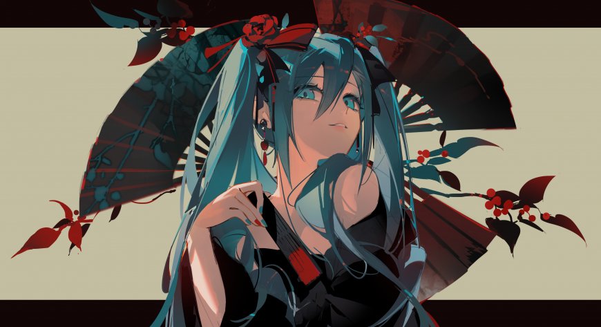 初音未来蓝发红扇和风少女暗红唯美动漫电脑壁纸