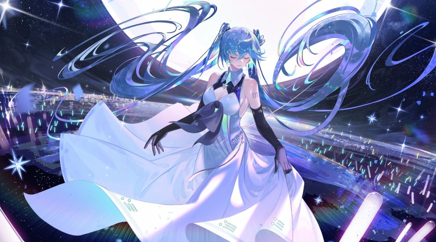 初音未来蓝发双马尾星海舞台飘裙蓝紫梦幻动漫电脑壁纸