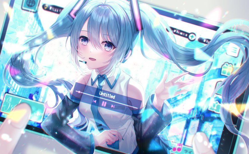初音未来蓝发双马尾虚拟歌姬科技感蓝紫动漫电脑壁纸