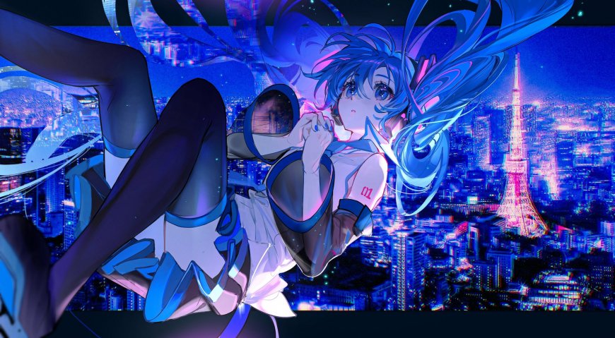 初音未来蓝发双马尾悬浮夜景东京塔霓虹蓝紫动漫电脑壁纸