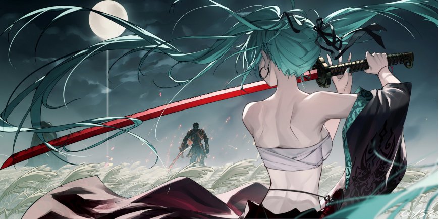 初音未来青发持刀背影红刃月下对峙战士暗蓝动漫电脑壁纸