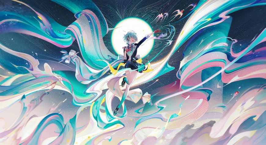 初音未来月夜飞舞蓝粉流光动漫电脑壁纸