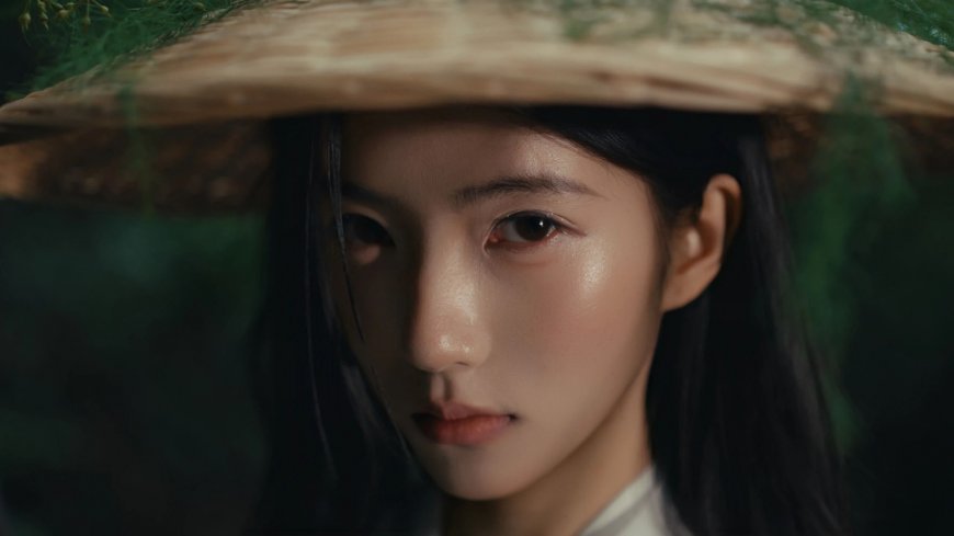 戴草帽黑发美女幽绿背景古风人物摄影电脑壁纸