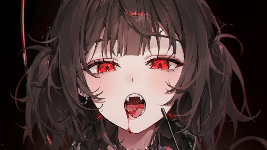 动漫角色黑发红瞳滴血少女暗红奇幻电脑壁纸