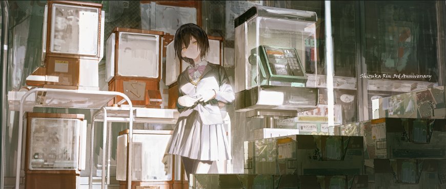 动漫角色黑发少女校服站立旧式电话亭旁灰绿怀旧风格动漫电脑壁纸