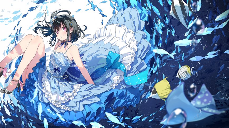 动漫角色少女蓝白礼服海底鱼群环绕蓝紫梦幻动漫电脑壁纸