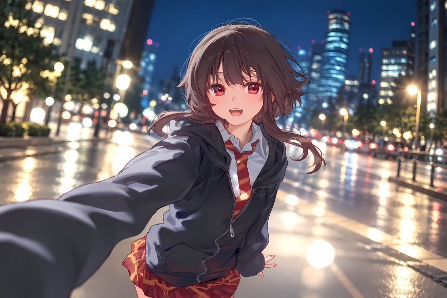 动漫少女夜景自拍红瞳校服蓝金城市插画电脑壁纸