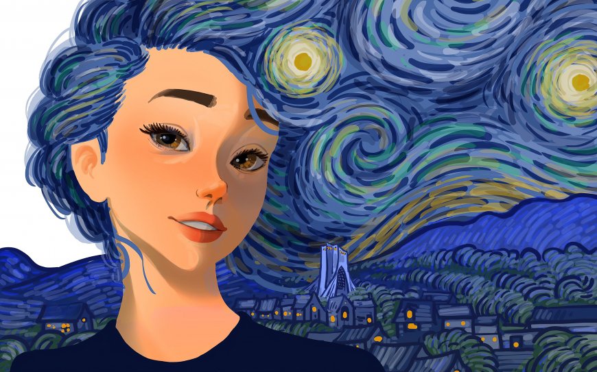 梵高星月夜风格蓝发少女星空蓝绿调绘画插画电脑壁纸