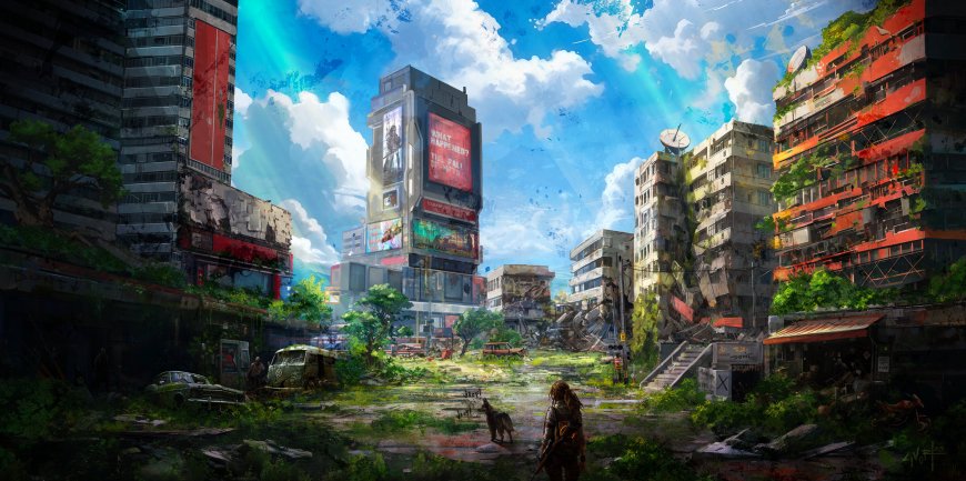 废土城市废墟绿植蔓延蓝白天空科幻场景插画电脑壁纸