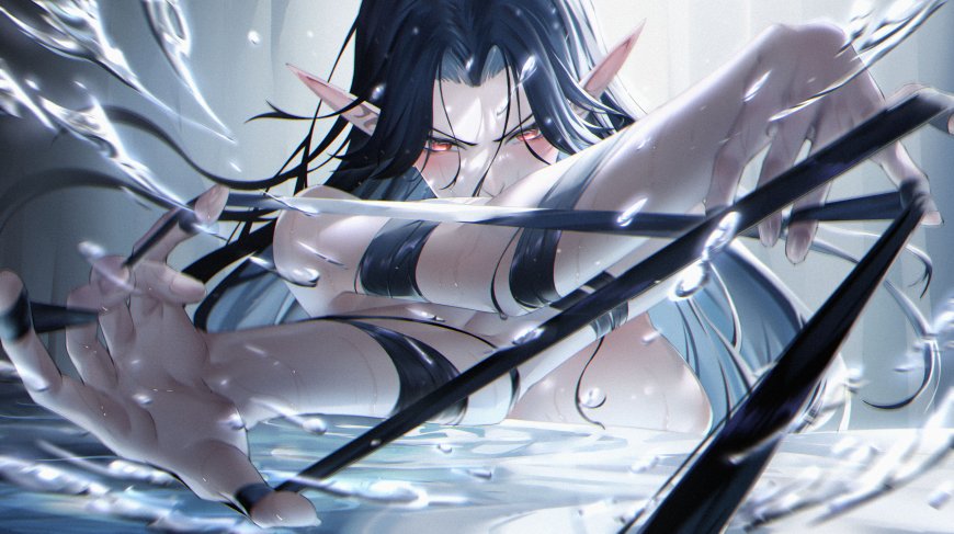 黑发尖耳红瞳少女持刃破水蓝白动漫电脑壁纸