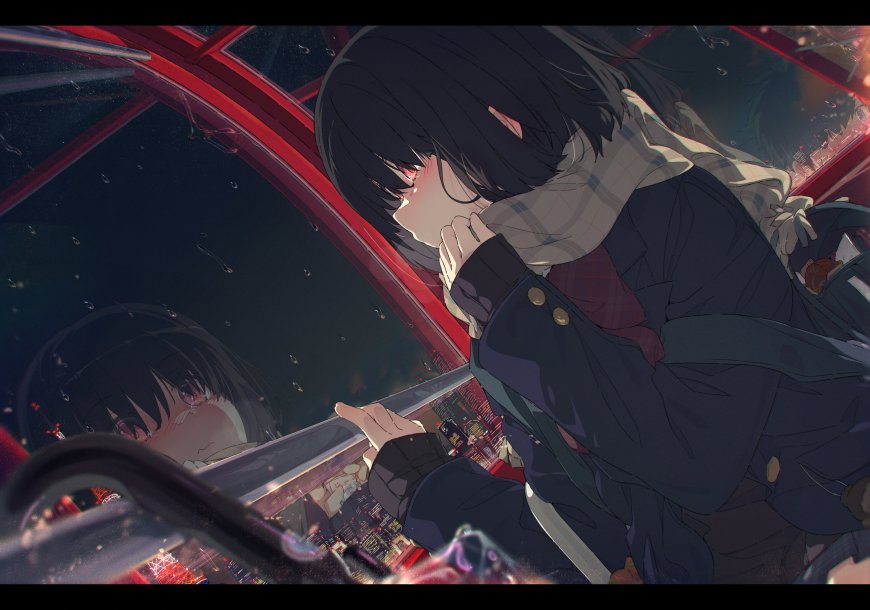 黑发少女雨夜摩天轮红蓝光影动漫电脑壁纸