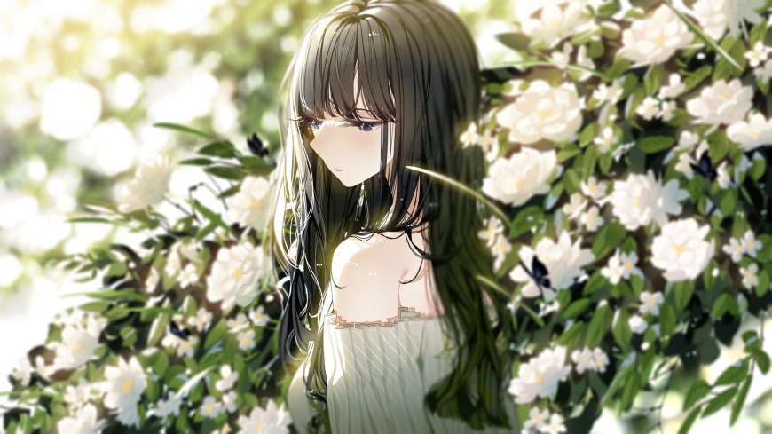 黑长直少女白花丛中侧颜温柔浅绿清新动漫电脑壁纸
