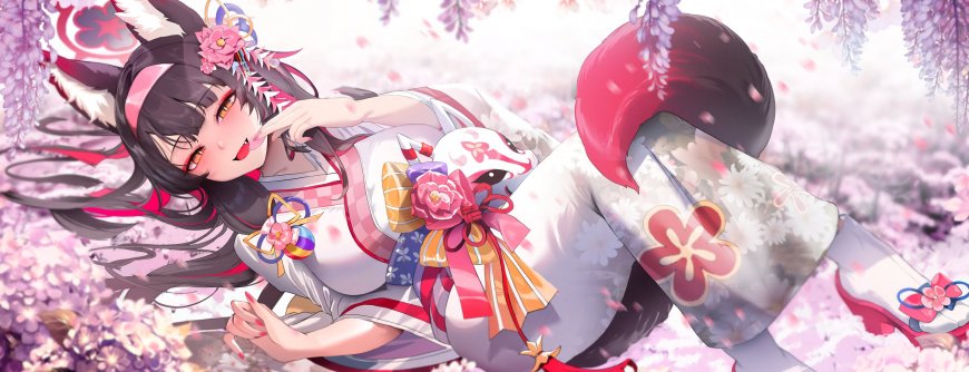 狐耳少女和风服饰樱花纷飞粉紫动漫电脑壁纸