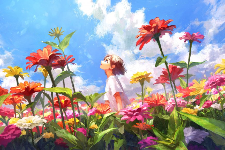 花海中仰望天空的短发少女蓝白清新动漫电脑壁纸