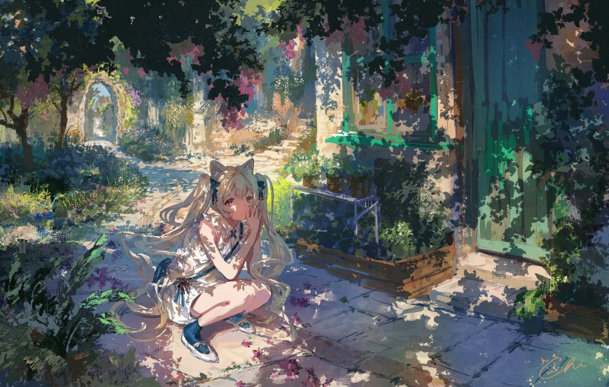 金发猫耳少女蹲坐庭院花影斑驳绿意盎然动漫电脑壁纸