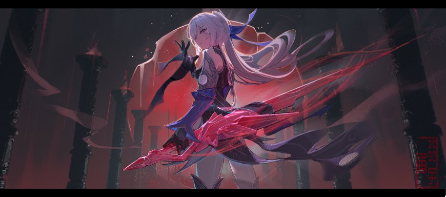 镜流崩坏星穹铁道银发紫衣持薙刀红光环绕暗红奇幻动漫电脑壁纸