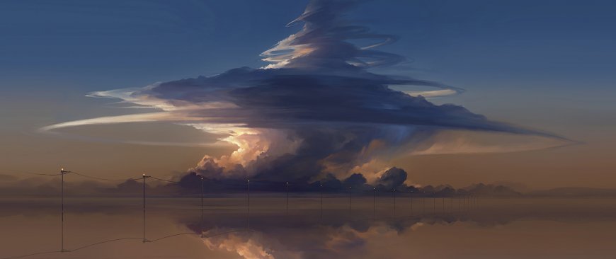 巨大积雨云层翻涌橙蓝渐变天空奇幻插画电脑壁纸
