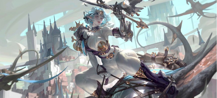 蓝发精灵少女持矛跃起白紫铠甲奇幻动漫电脑壁纸