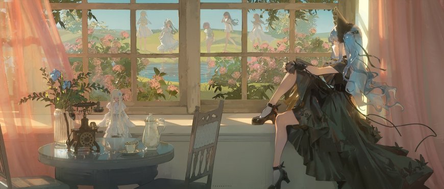 蓝发少女黑裙坐窗台粉纱光影唯美动漫电脑壁纸