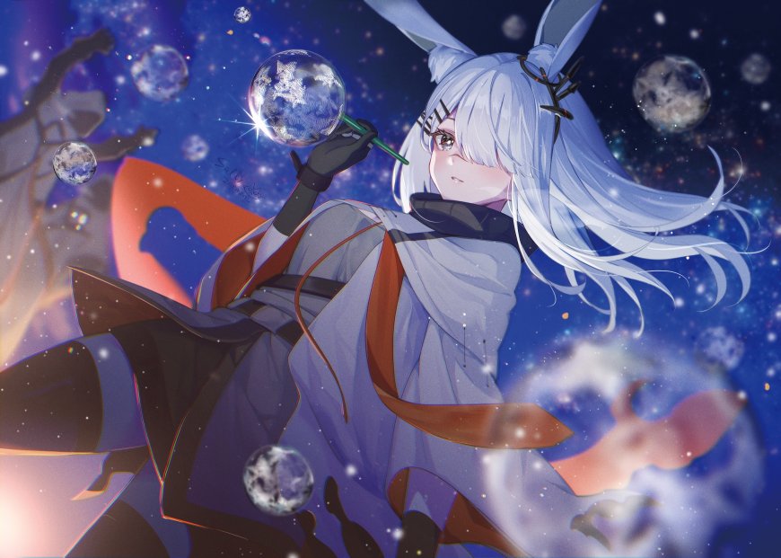 明日方舟霜星银发兔耳少女手持星尘球体蓝紫星空动漫电脑壁纸