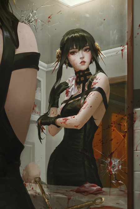间谍过家家约尔·福杰黑裙少女血迹镜中凝视暗红动漫手机壁纸