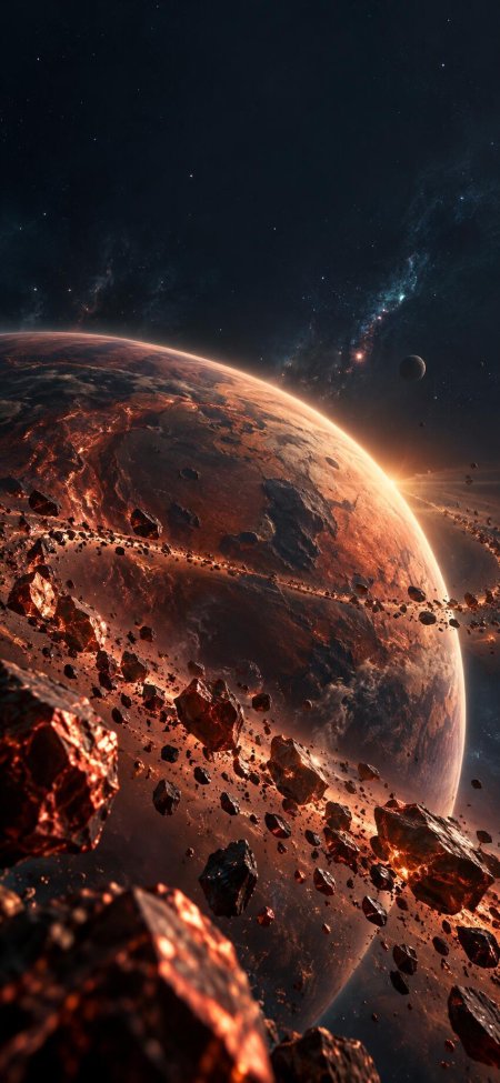 星云环绕熔岩行星与碎石带暗红璀璨太空科幻手机壁纸