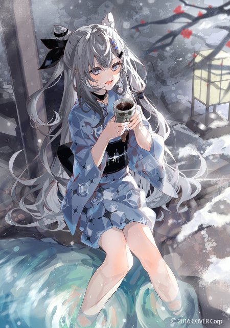 虚拟歌姬白上吹雪银发猫耳蓝纹和服雪景手持咖啡杯动漫手机壁纸