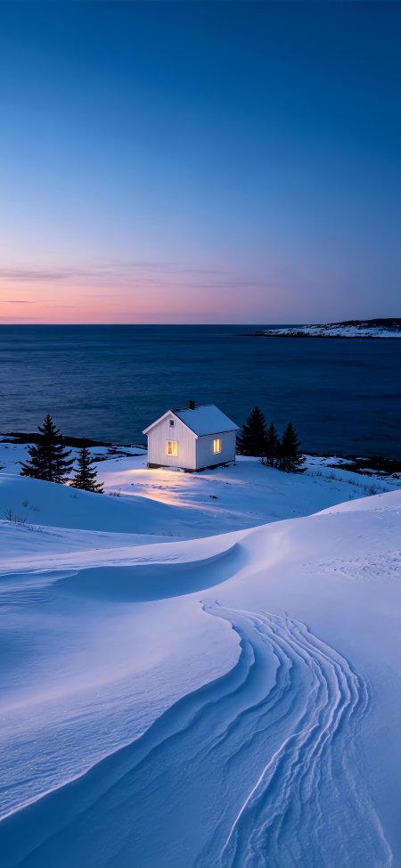 雪地小屋暖光映照蓝紫渐变海岸风景手机壁纸