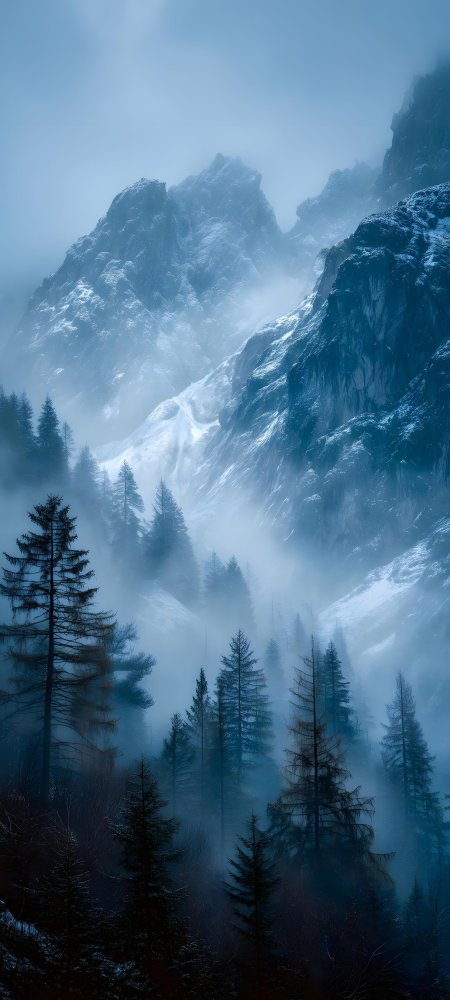 雪山巍峨云雾缭绕松林幽深蓝白风景手机壁纸