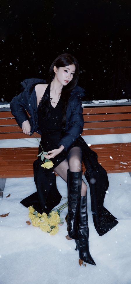 雪夜长椅王楚然黑衣美女手捧黄玫瑰冷调明星手机壁纸