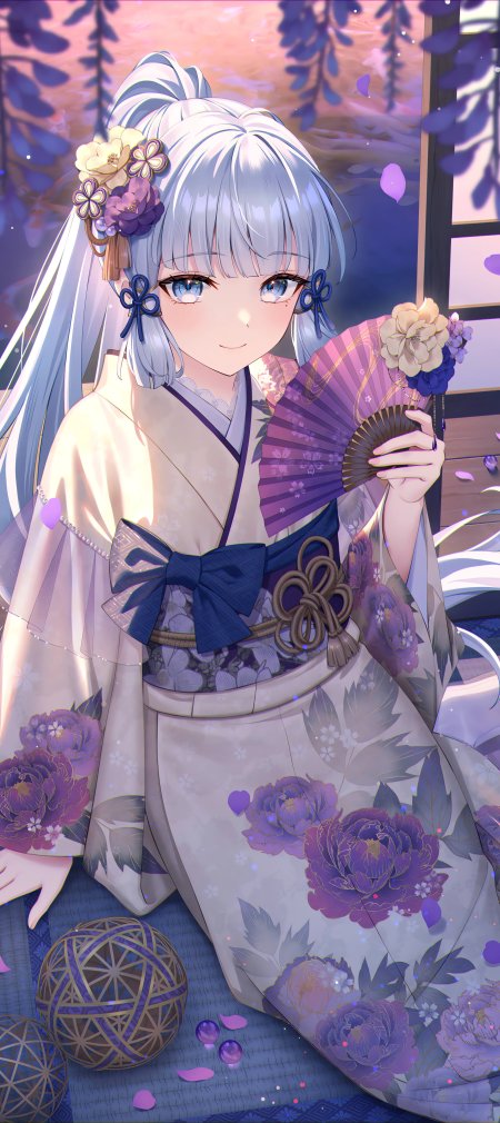 银发蓝眸和风少女持扇跪坐紫花和服粉紫唯美动漫手机壁纸