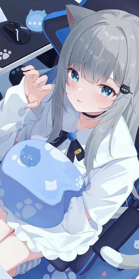 银发蓝瞳猫耳少女抱蓝猫抱枕粉白动漫手机壁纸