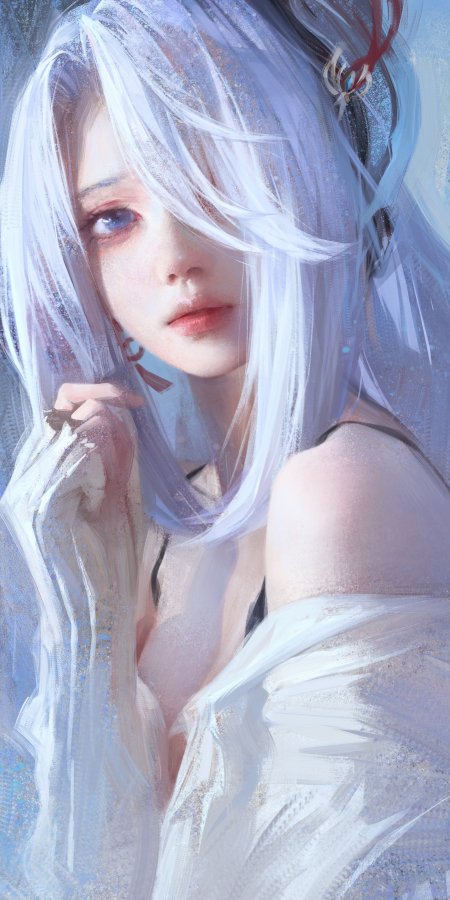银发蓝瞳少女轻抚面纱淡紫唯美动漫手机壁纸