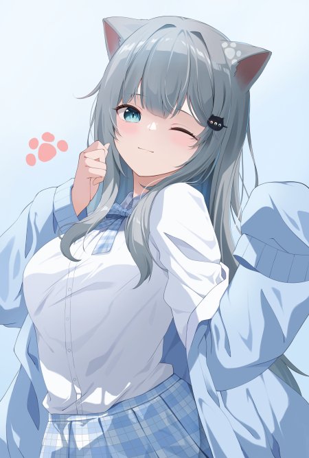 银发猫耳少女微笑蓝白格裙动漫手机壁纸