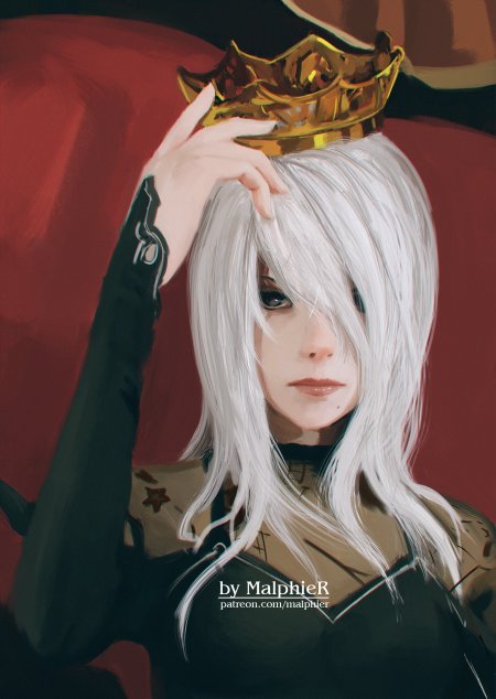 银发少女戴金冠黑衣红背景动漫角色插画手机壁纸