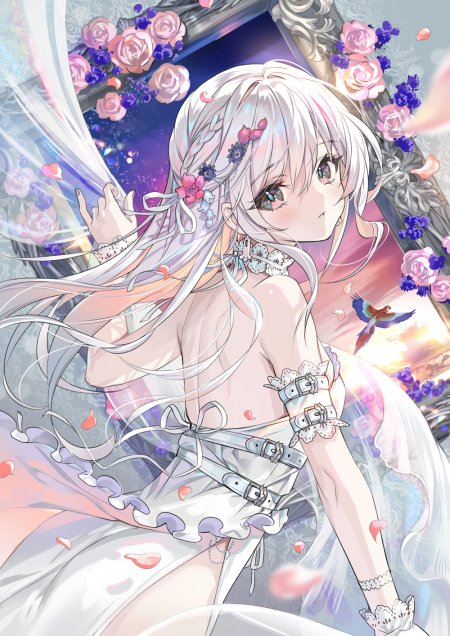 银发少女花饰白裙梦幻粉紫动漫手机壁纸