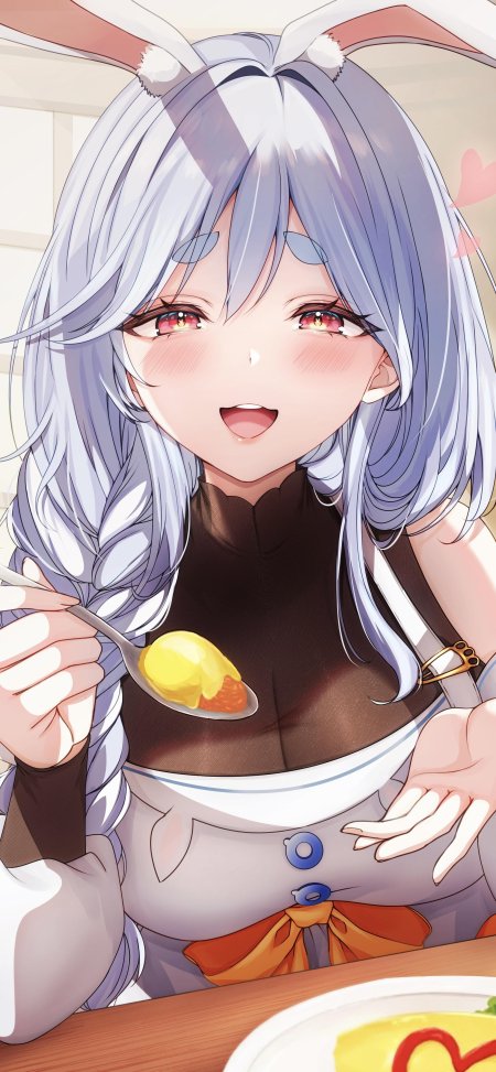 银发兔耳少女手持蛋包饭粉颊微笑暖色调动漫手机壁纸