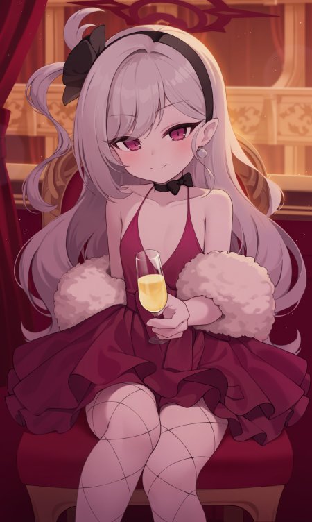 银发紫瞳少女红裙持香槟暖金动漫手机壁纸