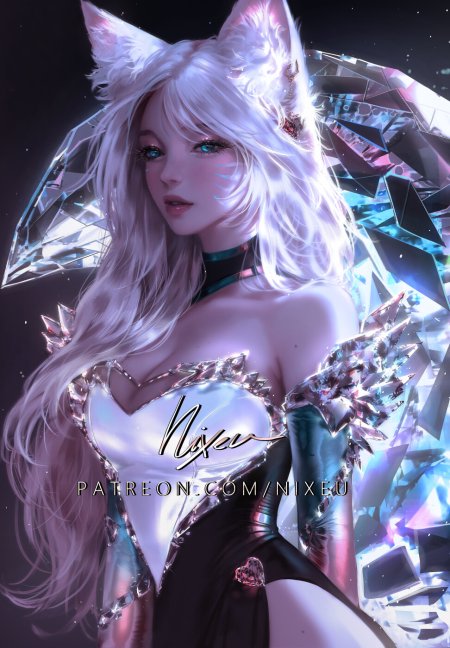 英雄联盟阿狸水晶羽翼白发少女蓝紫幻想动漫手机壁纸