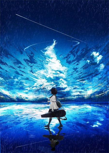 雨中少女持伞背吉他蓝白梦幻动漫手机壁纸