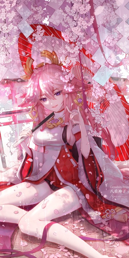 原神八重神子樱花雨中持伞粉紫动漫手机壁纸