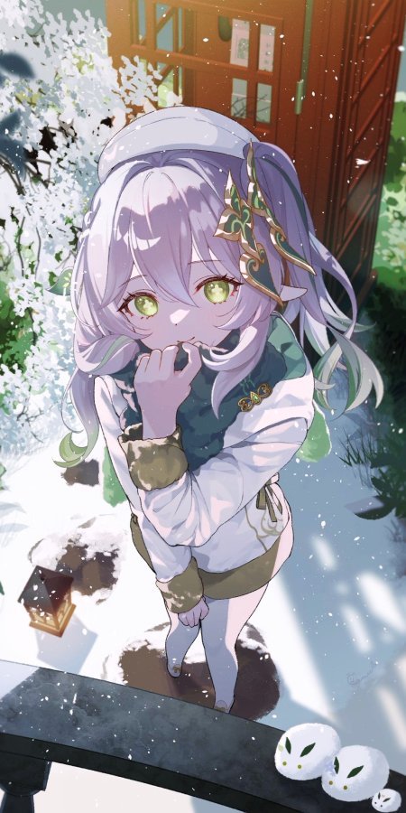 原神纳西妲雪中托腮绿眸少女紫白发动漫手机壁纸