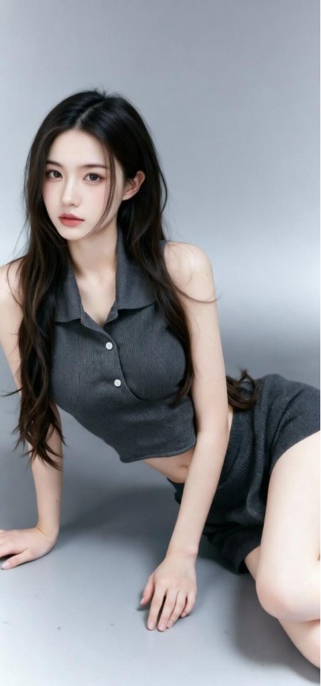 长发黑衣少女俯身姿态灰调人物摄影手机壁纸