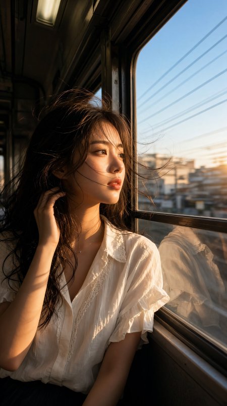 长发美女车厢窗边侧望暖金人物摄影手机壁纸