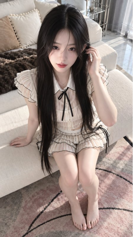 长发少女米白荷叶边套装居家暖光人物摄影手机壁纸