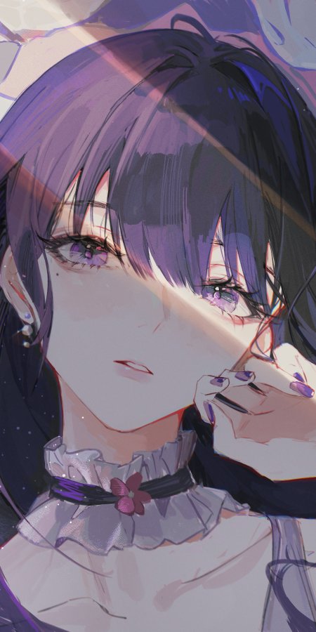 紫发少女侧脸凝视淡紫粉调动漫手机壁纸