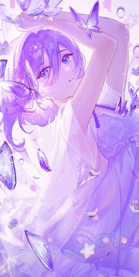 紫发蓝眸少女蝴蝶环绕梦幻粉紫动漫手机壁纸