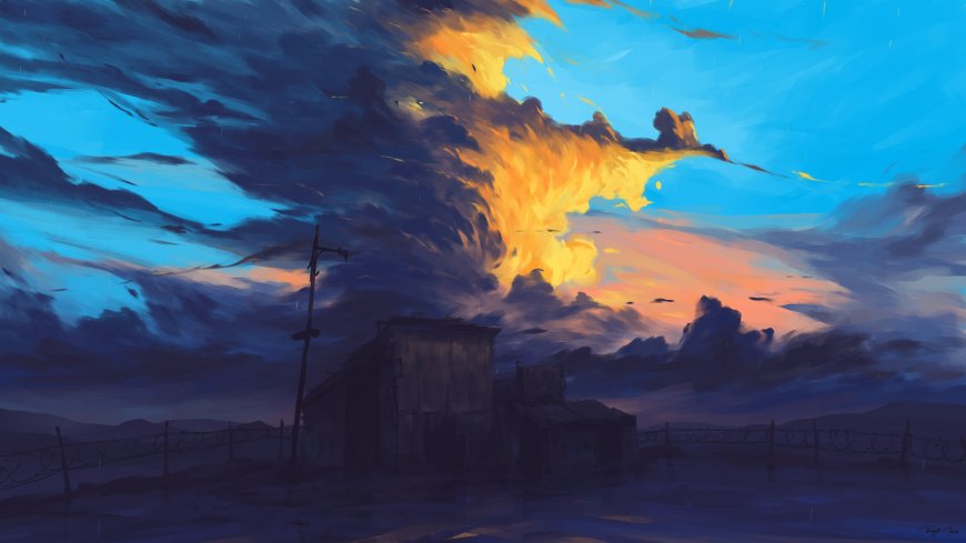 废墟小屋铁丝网围栏橙蓝交织云层翻涌手绘插画电脑壁纸