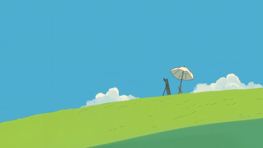 空旷草坡上遮阳伞和画架蓝天白云治愈系插画电脑壁纸